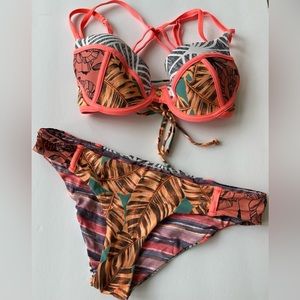 MAAJI Underwire Bikini Top Floral Geometric orange Cross
Back Lace Tie S…